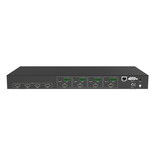 XOLORspace 46440 48Gbps wall-mountable 4K 120Hz and 8K60Hz 4x4 HDMI Matrix switch supports IR remote, RS-232, and Web GUI control with audio extractor