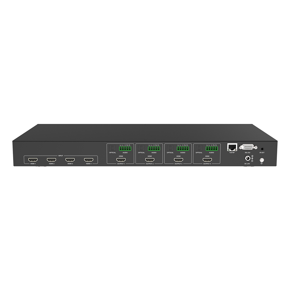 XOLORspace 46440 48Gbps wall-mountable 4K 120Hz and 8K60Hz 4x4 HDMI Matrix switch supports IR remote, RS-232, and Web GUI control with audio extractor