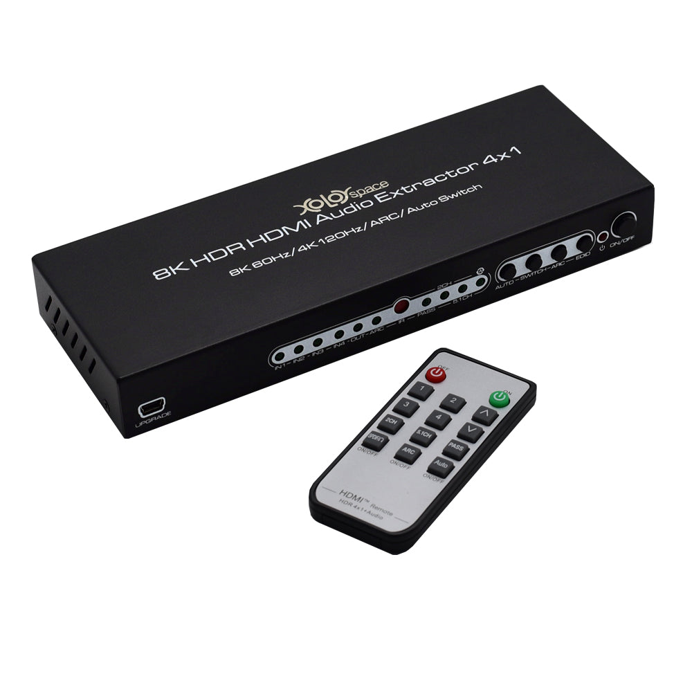 XOLORspace 23420 8K 4X2 HDMI Matrix switcher with audio extractor and ARC, selecting any one of Four HDMI Inputs to one 8K HDTV and one 4K or 1080p sound bar with audio only supports 8K 4k 120hz 4:4:4 8 bit HDR