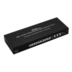 XOLORspace 23420 8K 4X2 HDMI Matrix switcher with audio extractor and ARC, selecting any one of Four HDMI Inputs to one 8K HDTV and one 4K or 1080p sound bar with audio only supports 8K 4k 120hz 4:4:4 8 bit HDR