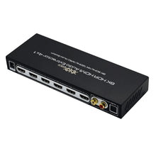 XOLORspace 23420 8K 4X2 HDMI Matrix switcher with audio extractor and ARC, selecting any one of Four HDMI Inputs to one 8K HDTV and one 4K or 1080p sound bar with audio only supports 8K 4k 120hz 4:4:4 8 bit HDR