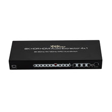 XOLORspace 23420 8K 4X2 HDMI Matrix switcher with audio extractor and ARC, selecting any one of Four HDMI Inputs to one 8K HDTV and one 4K or 1080p sound bar with audio only supports 8K 4k 120hz 4:4:4 8 bit HDR