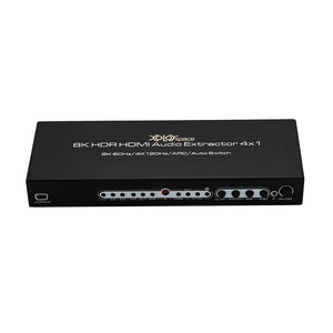 XOLORspace 23420 8K 4X2 HDMI Matrix switcher with audio extractor and ARC, selecting any one of Four HDMI Inputs to one 8K HDTV and one 4K or 1080p sound bar with audio only supports 8K 4k 120hz 4:4:4 8 bit HDR