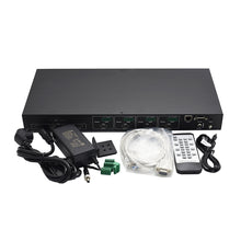 XOLORspace 46440 48Gbps wall-mountable 4K 120Hz and 8K60Hz 4x4 HDMI Matrix switch supports IR remote, RS-232, and Web GUI control with audio extractor