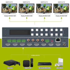 XOLORspace 46441mini 4x4 HDMI Real Matrix switcher supports 4K@60hz YUV4:4:4 18Gbps HDR with audio extractor optical audio