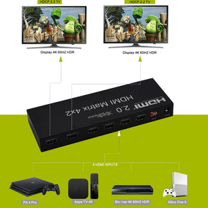 XOLORspace 41421C HDMI 2.0b 4x2 matrix Switcher with audio extractor supports 4k 60hz HDR and 18Gbps