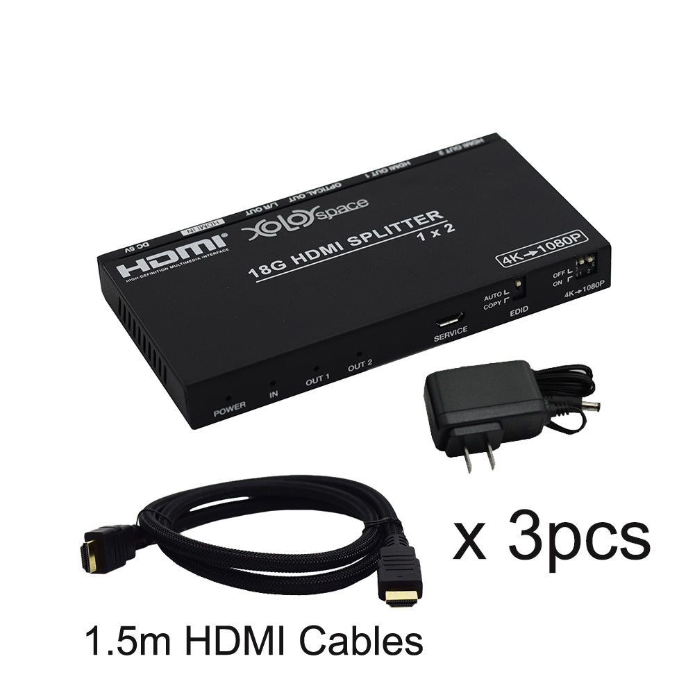 XOLORspace 66121 1x2 HDMI 2.0 4K 60HZ HDR Splitter with downscaler and Audio Extract (3pcs HDMI cables PACK)