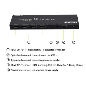 XOLORspace 66141 1x4 HDMI 2.0 splitter 4K 60HZ HDR with 4K to 1080p downscaler and audio extractor optical audio out