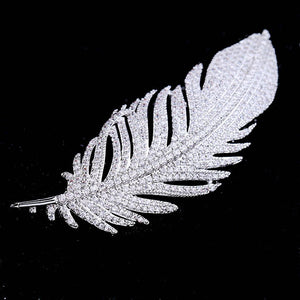 Electroplating Zircon Feather Brooch pin bronze 18K Gold Plated gift for women